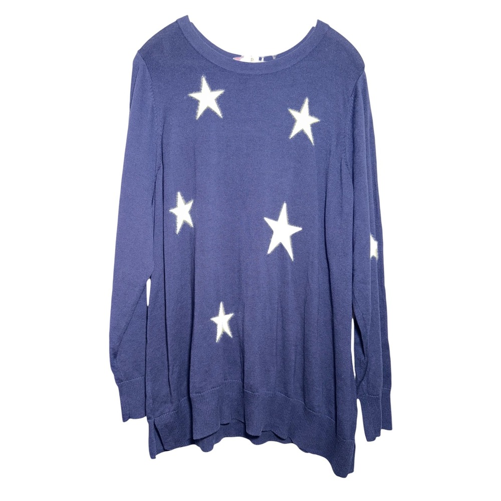 Belle by Kim Gravel Star Sweater 3X Blue Crewneck Tunic Lightweight Knit Plus